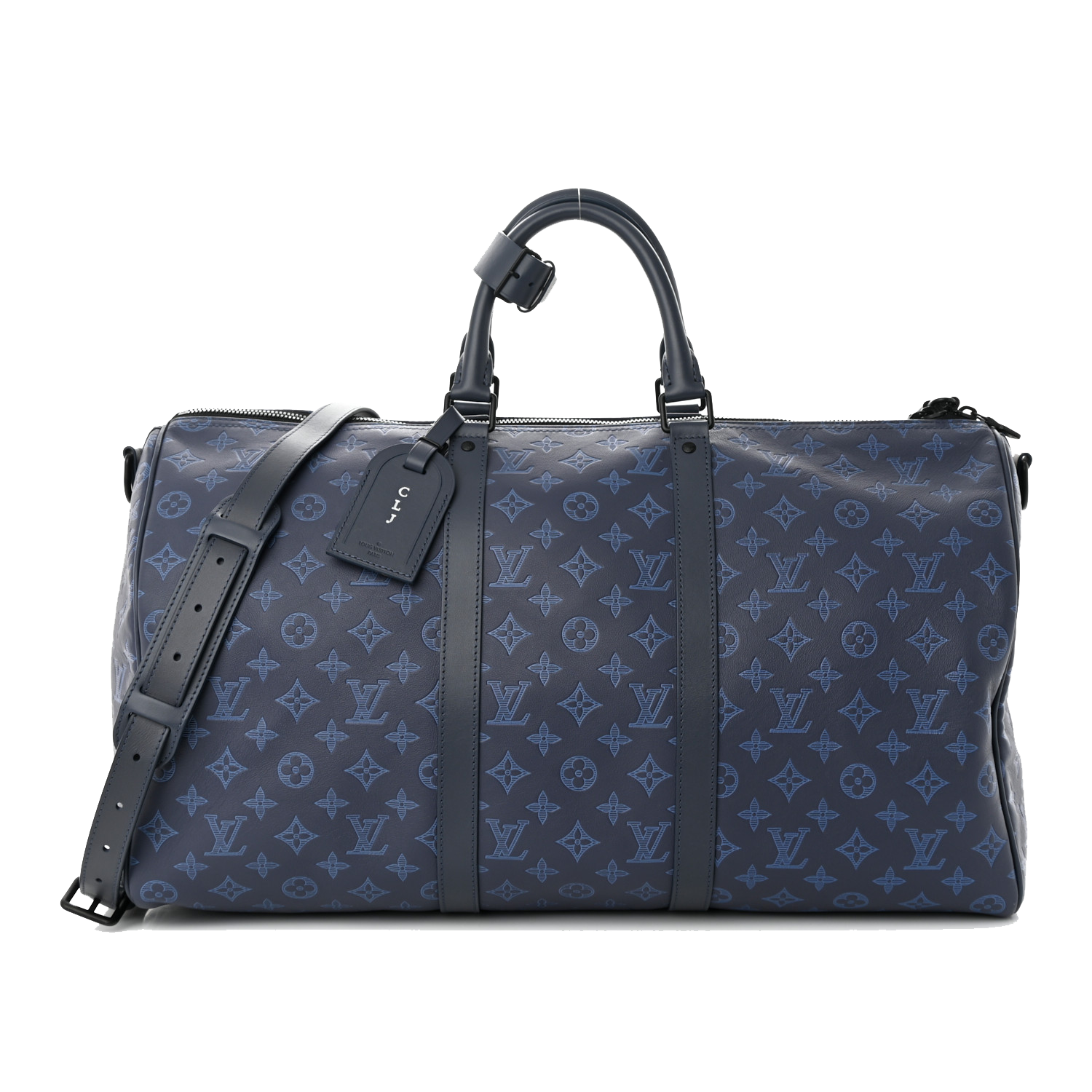 LOUIS VUITTON CALFSKIN MONOGRAM SHADOW KEEPALL BANDOULIERE 50 NAVY