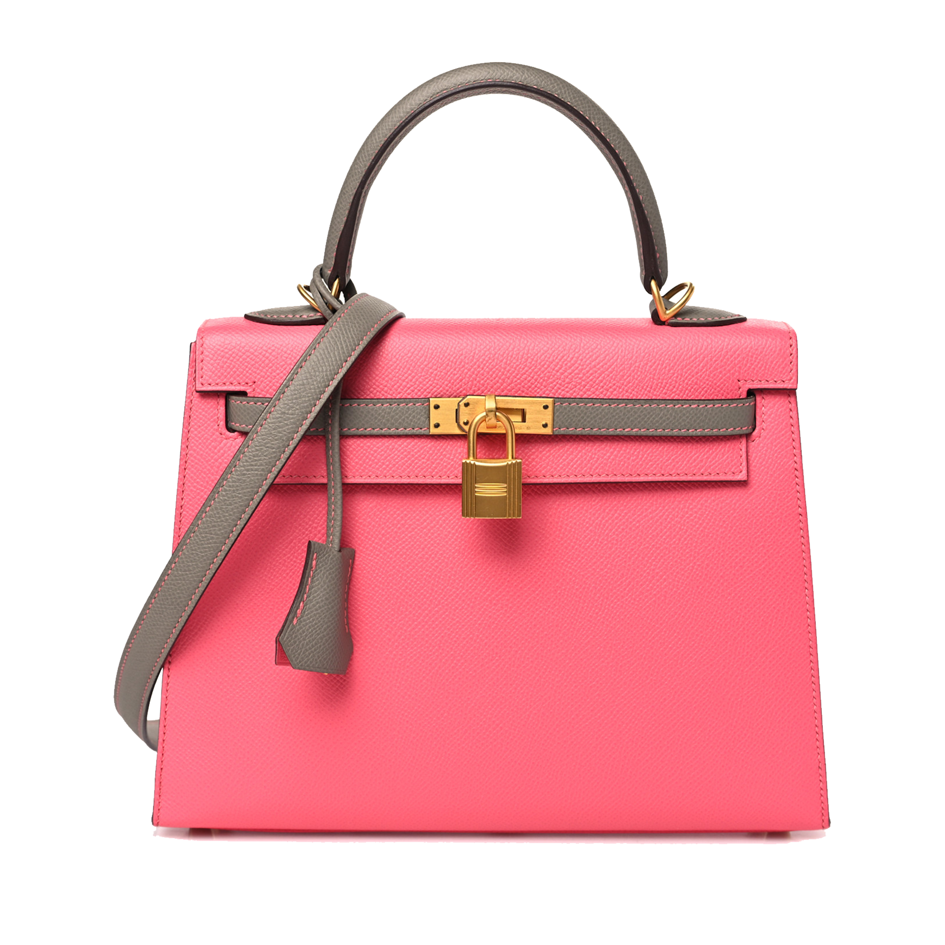 HERMES EPSOM BI-COLOR HORSESHOE KELLY SELLIER 25 ROSE AZALEE GRIS MOUETTE