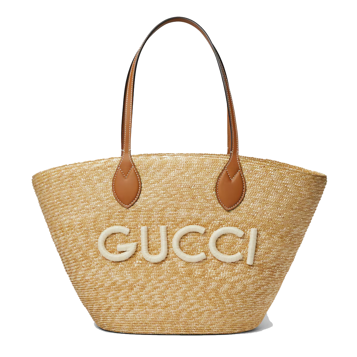 Medium straw tote with Gucci patch in natural straw