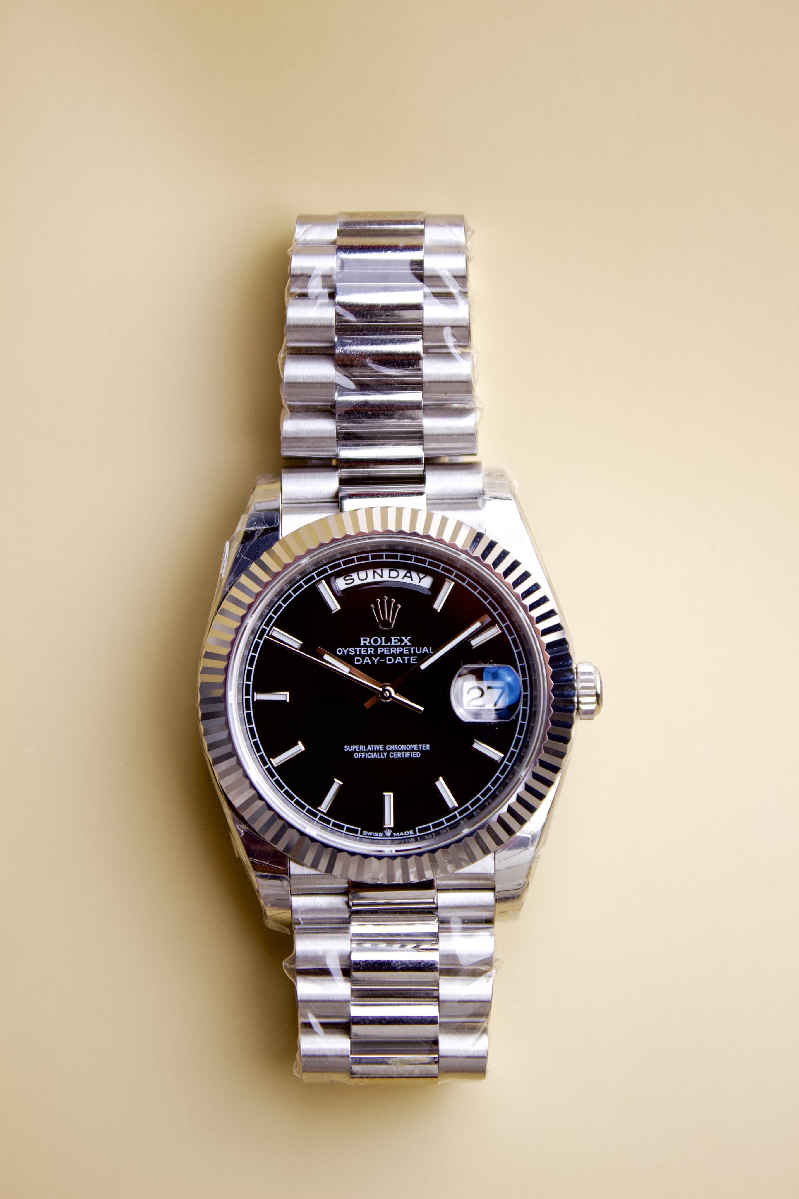 ROLEX DAY-DATE STAINLESS STEEL BLACK DIAL 41M
