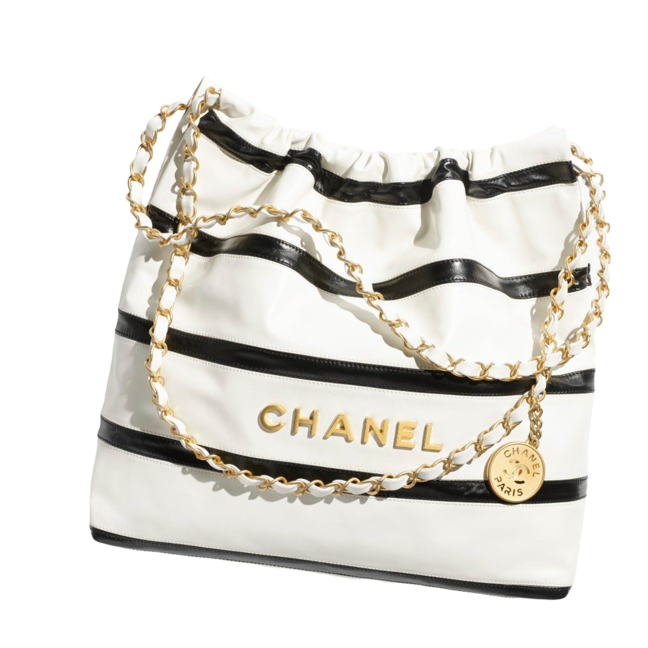 CHANEL mini handbag Shiny calfskin gold tone metal coral light Black white