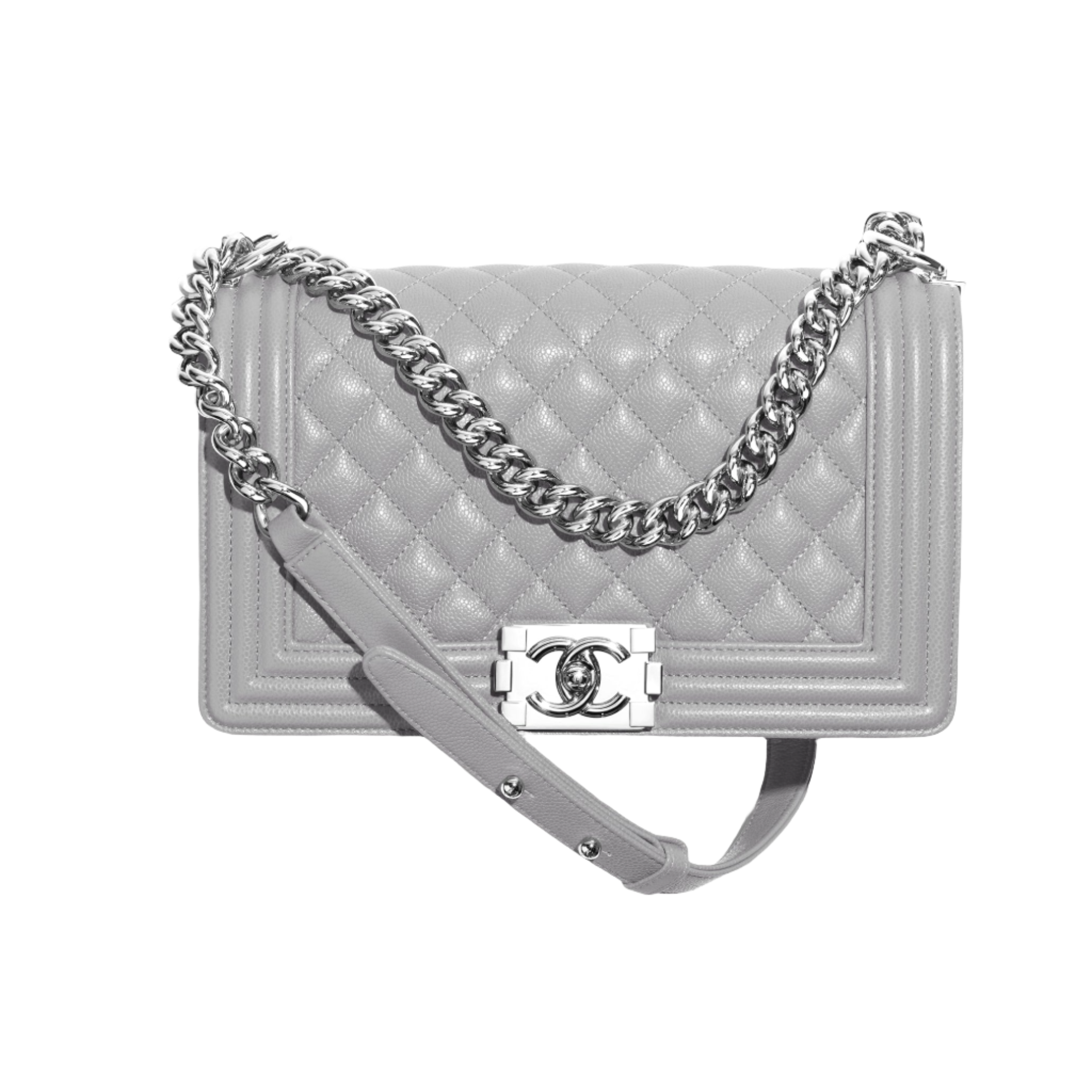 CHANEL Shiny grained calfskin silver tone metal grey
