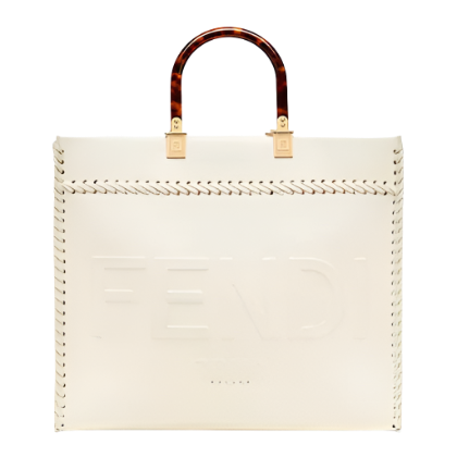Fendi Women Sunshine Medium White Leather Shopper with Decorative Stitching
