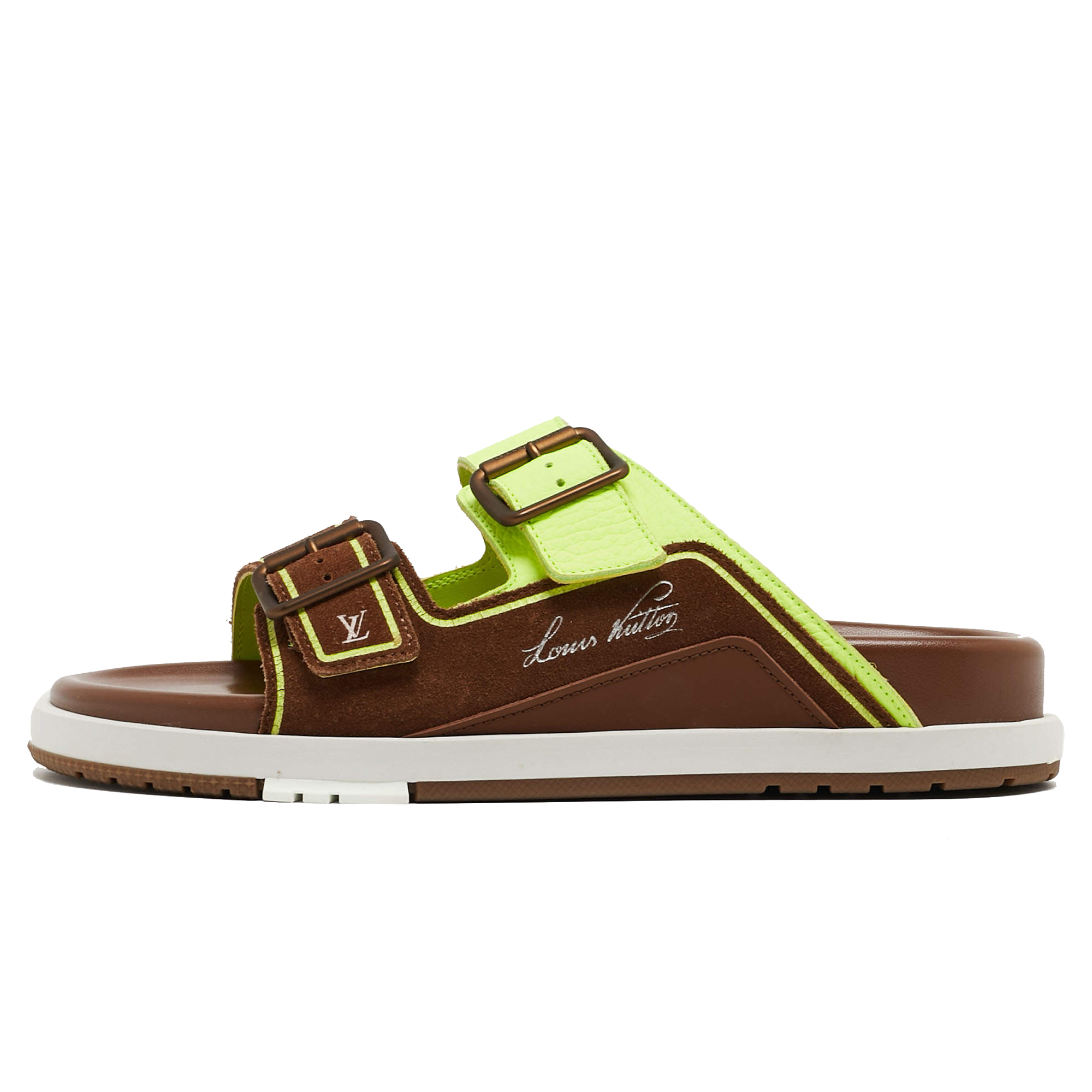 Louis Vuitton Brown_Neon Green Suede and Leather LV Trainer Mules