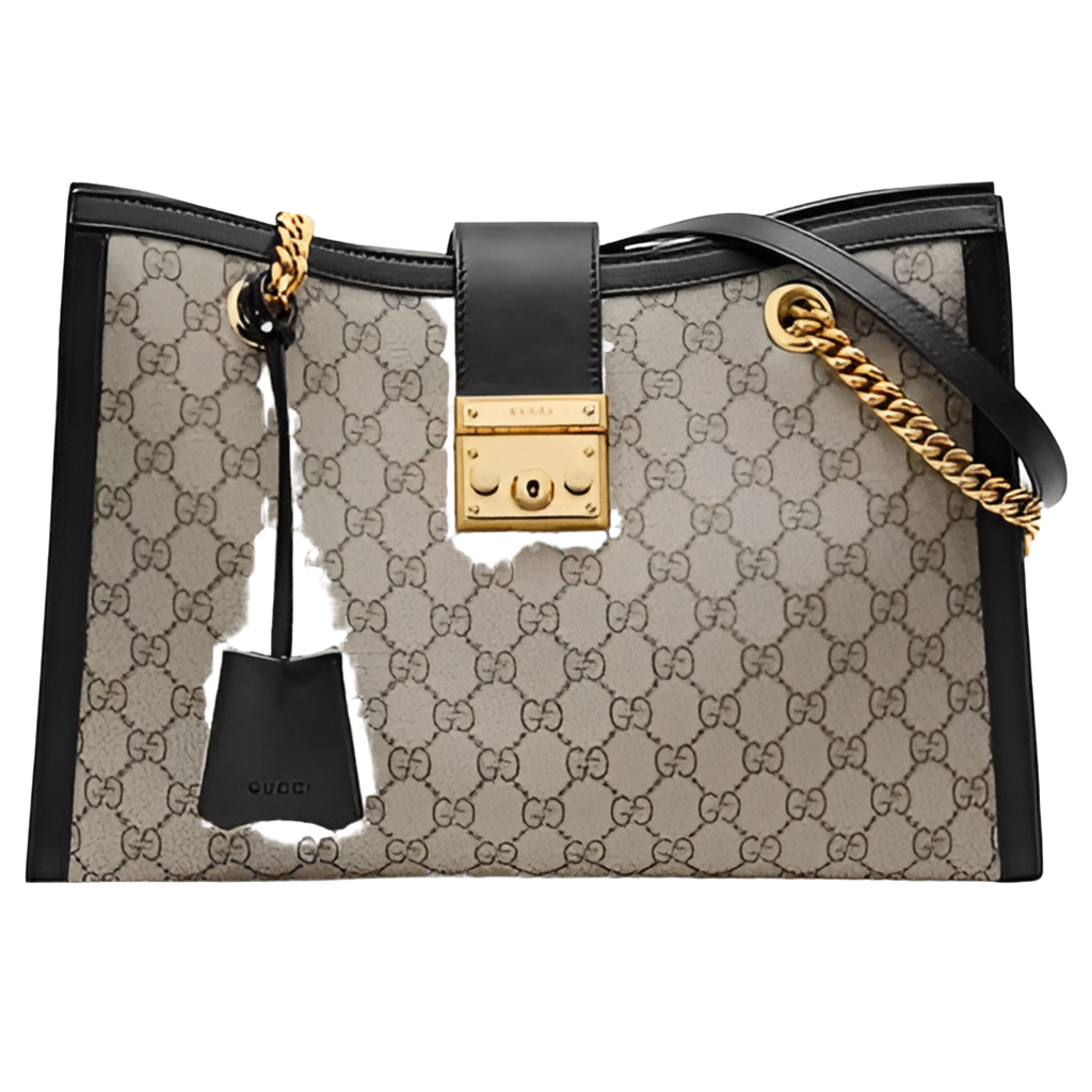 Gucci Women Padlock Medium GG Shoulder Bag Beige Ebony GG Supreme Canvas Black Leather