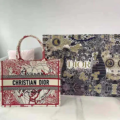 Dior Women Small Dior Book Tote Red and White D-Royaume D Amour Embroidery
