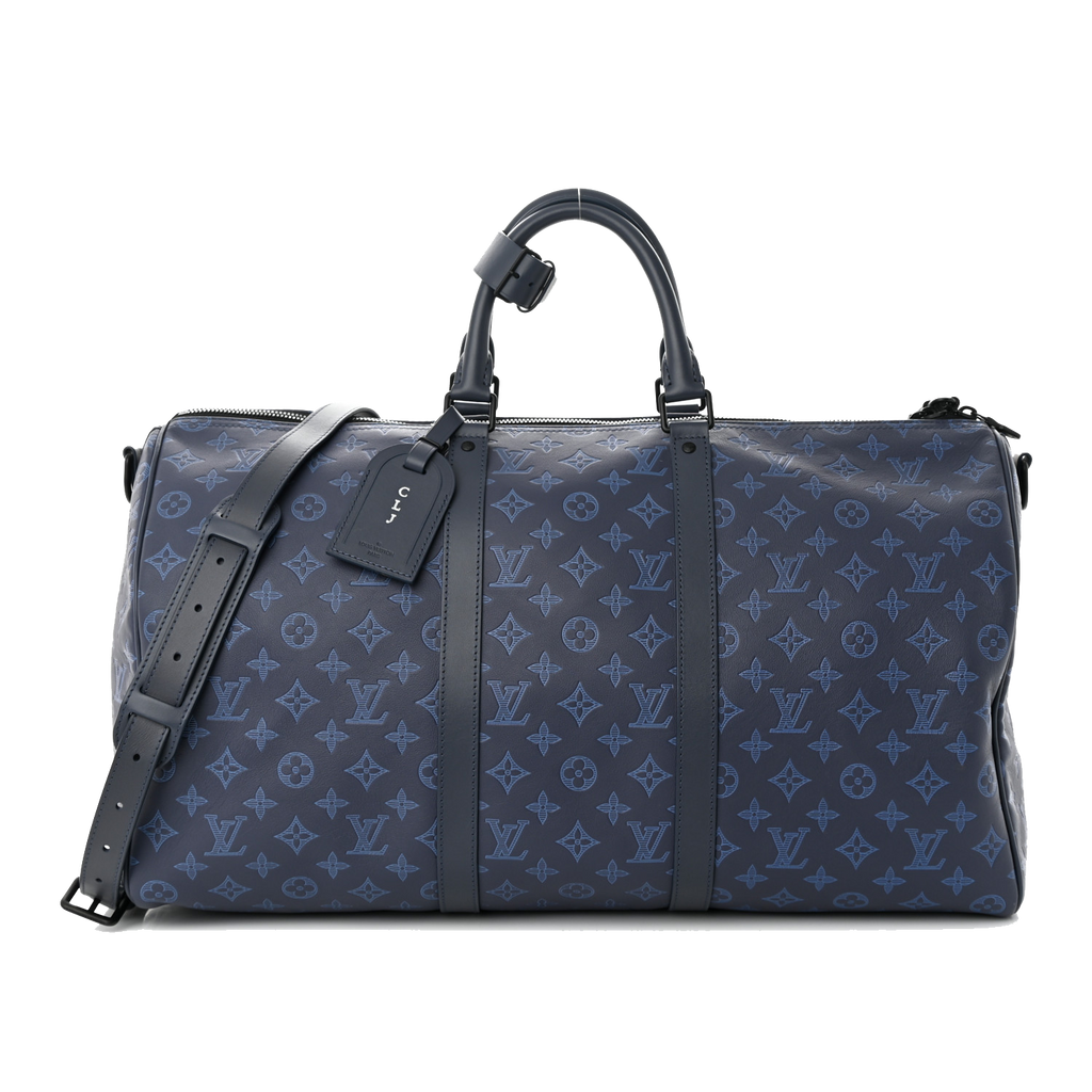 LOUIS VUITTON CALFSKIN MONOGRAM SHADOW KEEPALL BANDOULIERE 50 NAVY