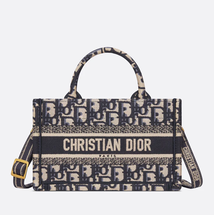 DIOR BOOK TOTE MINI TOTE WITH STRAP  BLUE AND BEIGE OBLIQUE EMBR COUTURE