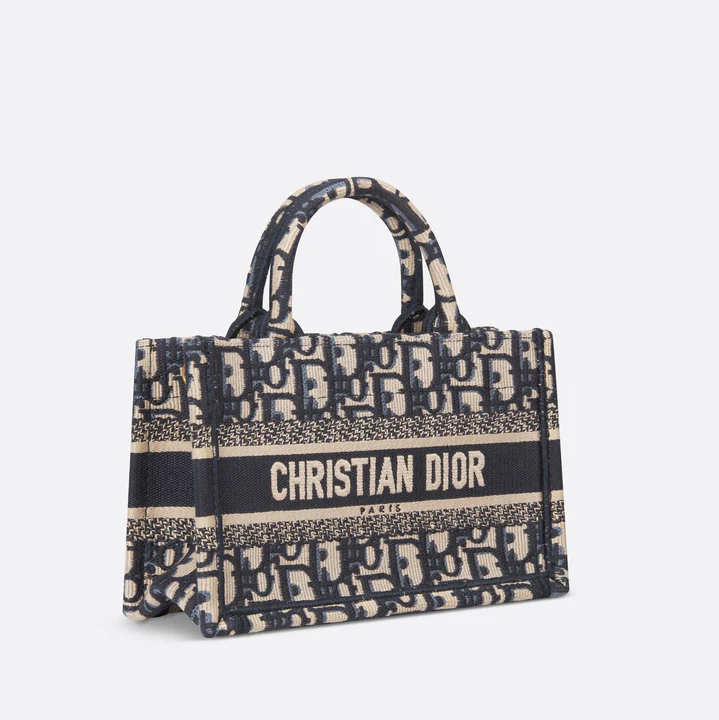 DIOR BOOK TOTE MINI TOTE WITH STRAP  BLUE AND BEIGE OBLIQUE EMBR COUTURE