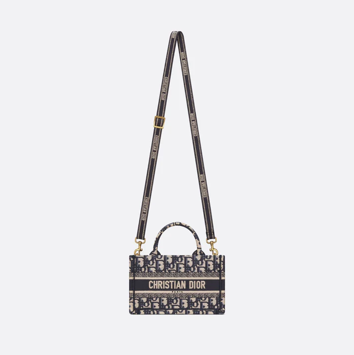 DIOR BOOK TOTE MINI TOTE WITH STRAP  BLUE AND BEIGE OBLIQUE EMBR COUTURE