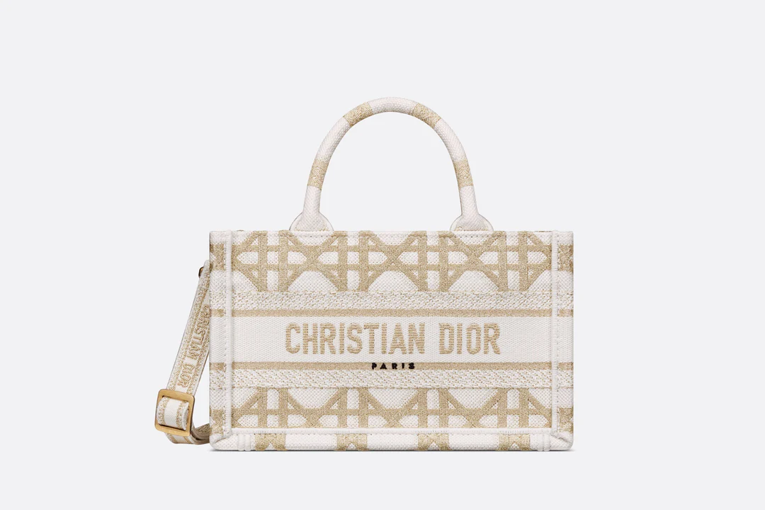 Dior Or Mini Dior Book Tote with Strap  Gold-Tone and White Macrocann  Dior Couture