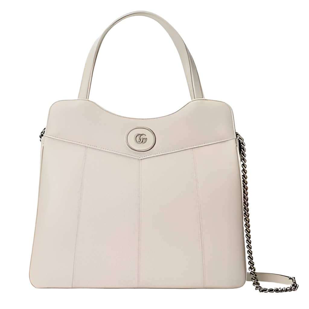Gucci Women Petite GG Medium Tote Bag White Leather Double G Zip Closure