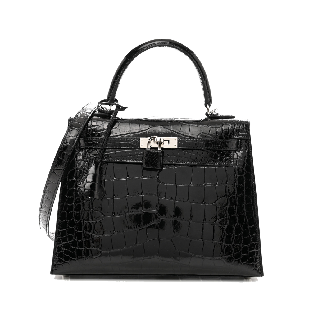 HERMES SHINY ALLIGATOR KELLY SELLIER 25 BLACK