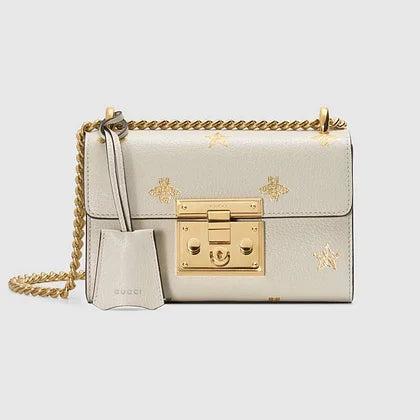 Gucci Women Padlock Gold Bee Star Small Shoulder Bag Textured Leather