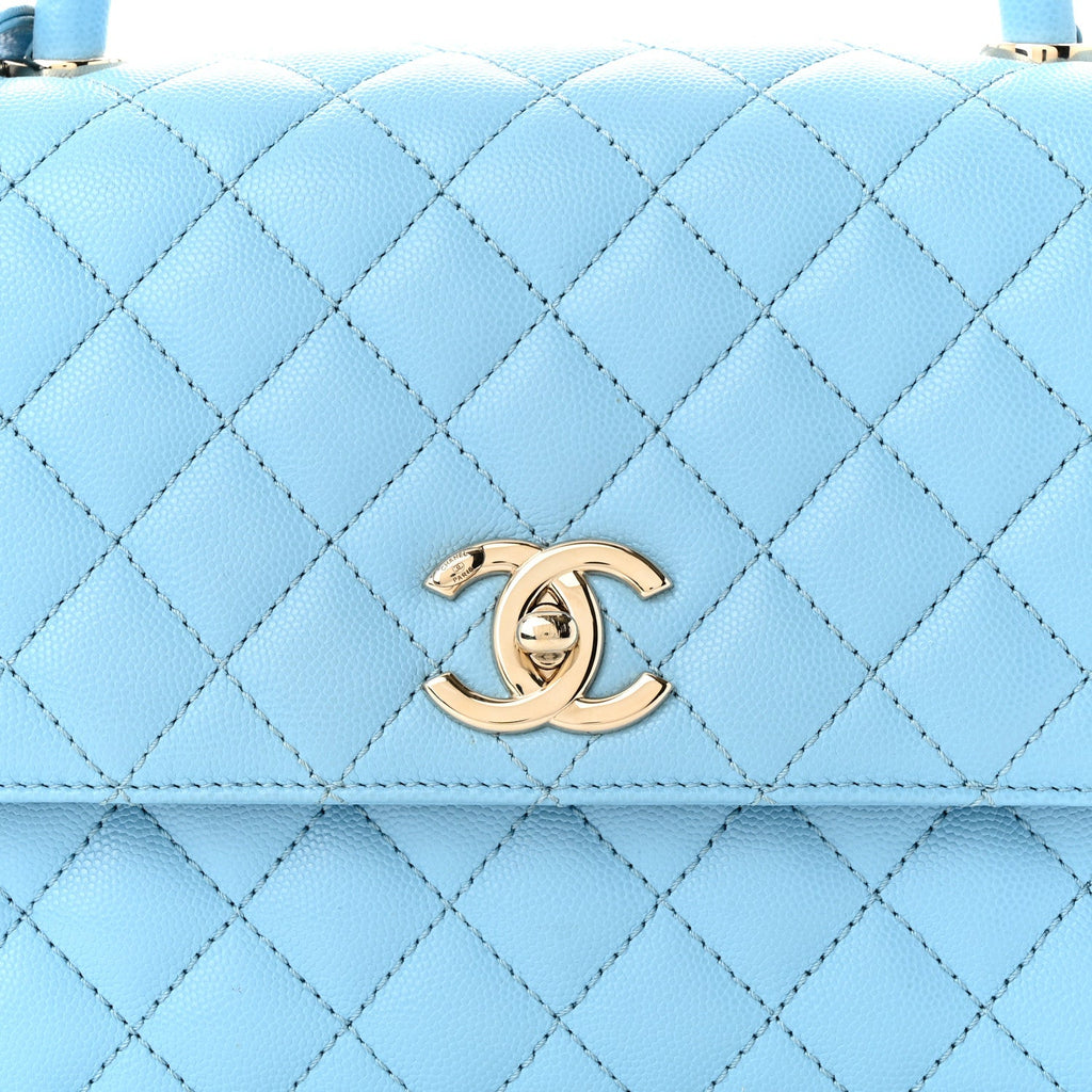 CHANEL CAVIAR QUILTED SMALL COCO CHAIN HANDLE FLAP LIGHT BLUE