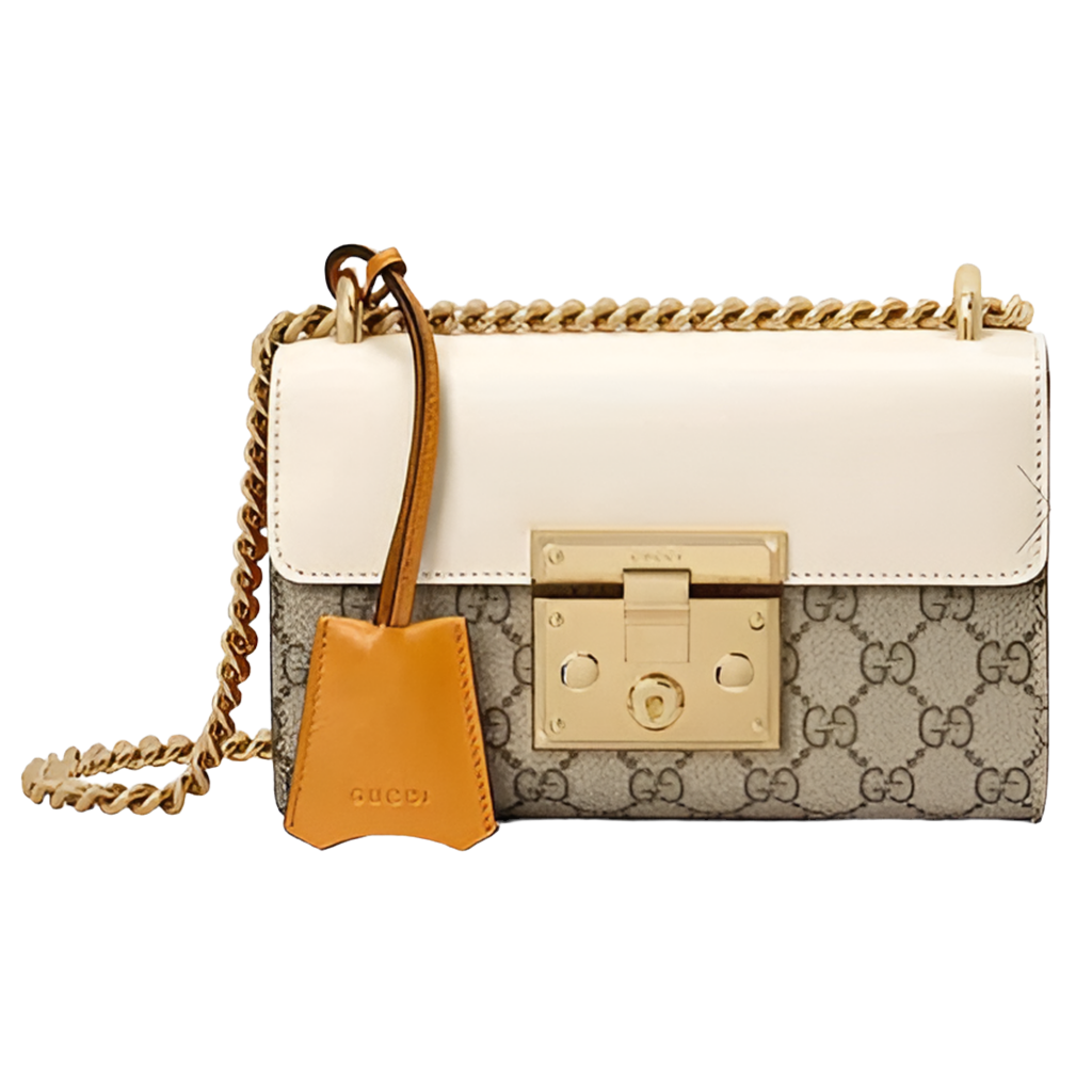 Gucci Women Padlock Small Shoulder Bag White Beige and Ebony GG Supreme Canvas