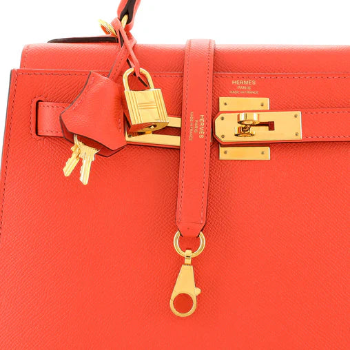 Kelly Handbag Rouge Pivoine Epsom with Gold Hardware 28
