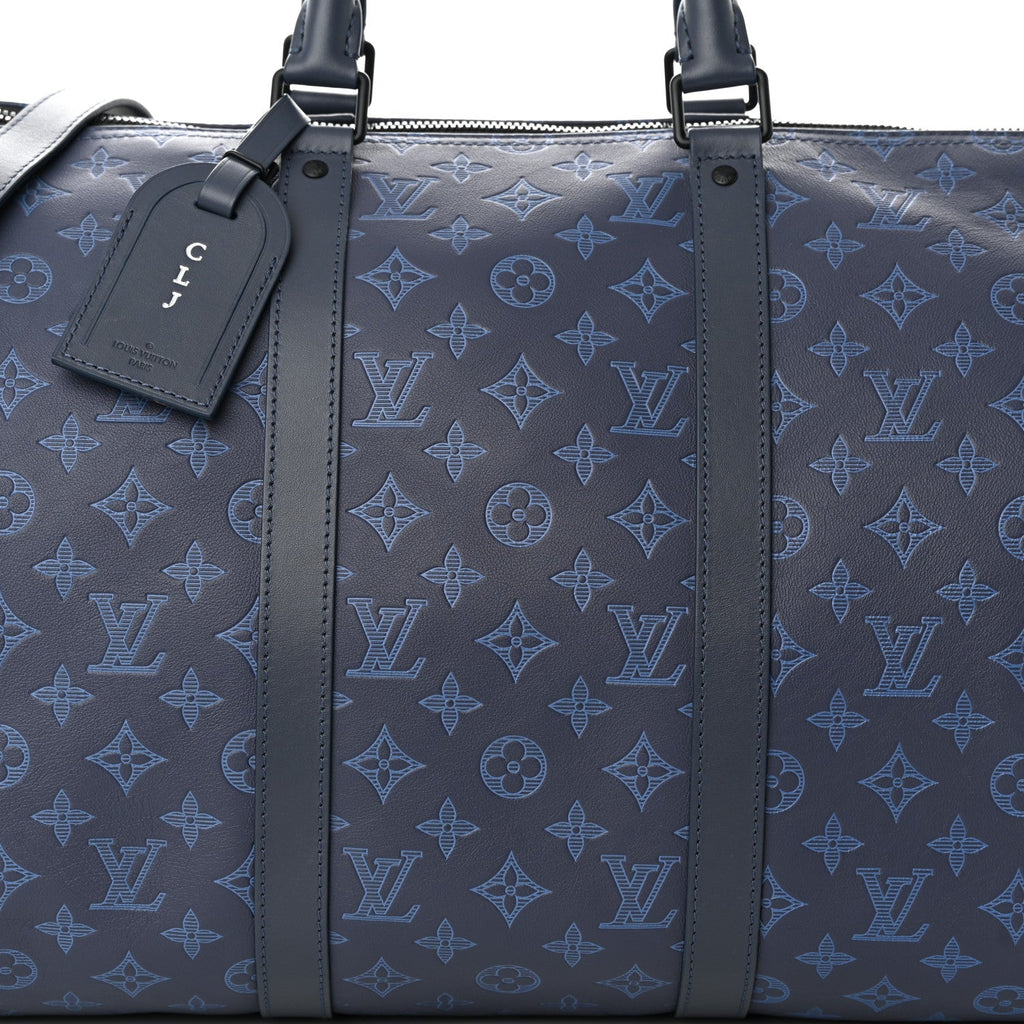 LOUIS VUITTON CALFSKIN MONOGRAM SHADOW KEEPALL BANDOULIERE 50 NAVY