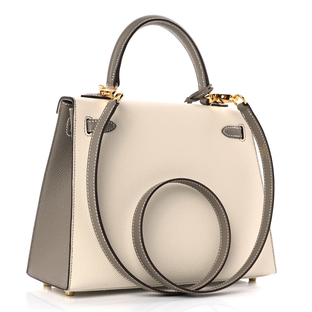 HERMES EPSOM BI-COLOR HORSESHOE KELLY SELLIER 25 CRAIE GRIS ASPHALTE