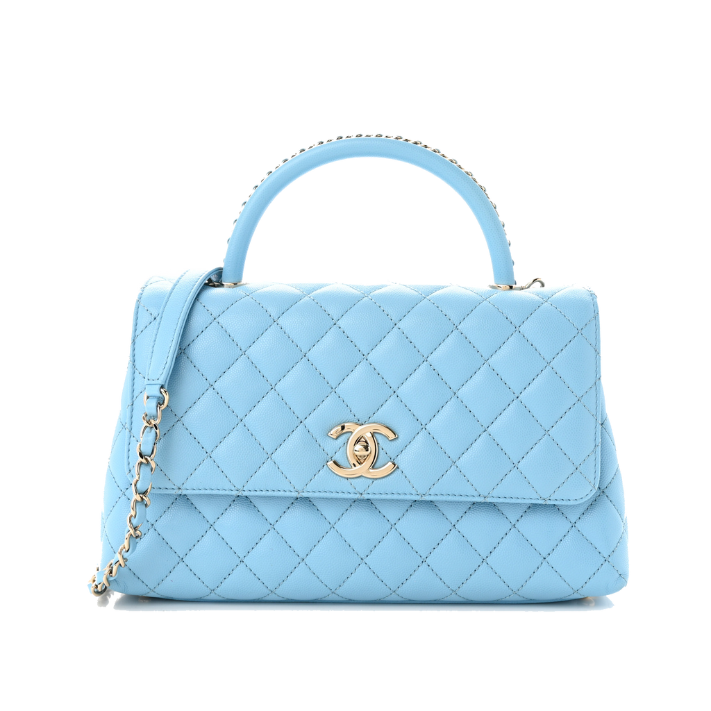 CHANEL CAVIAR QUILTED SMALL COCO CHAIN HANDLE FLAP LIGHT BLUE