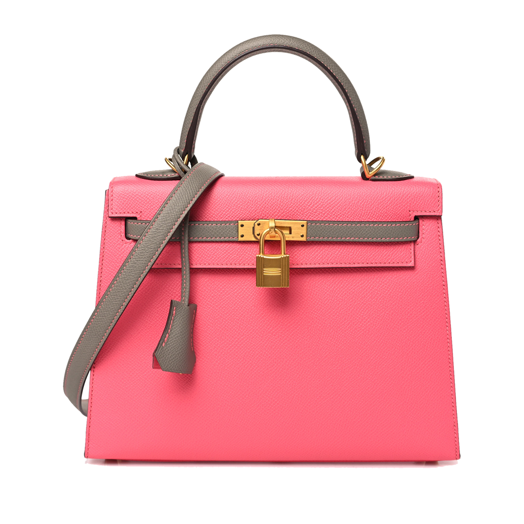 HERMES EPSOM BI-COLOR HORSESHOE KELLY SELLIER 25 ROSE AZALEE GRIS MOUETTE