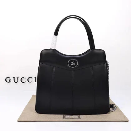 Gucci Women Petite GG Medium Tote Bag Black Leather Double G Zip Closure