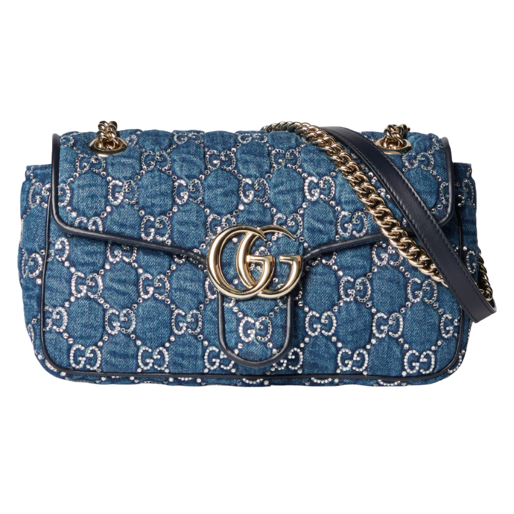 Gucci GG Marmont shoulder bag with crystals in blue GG denim