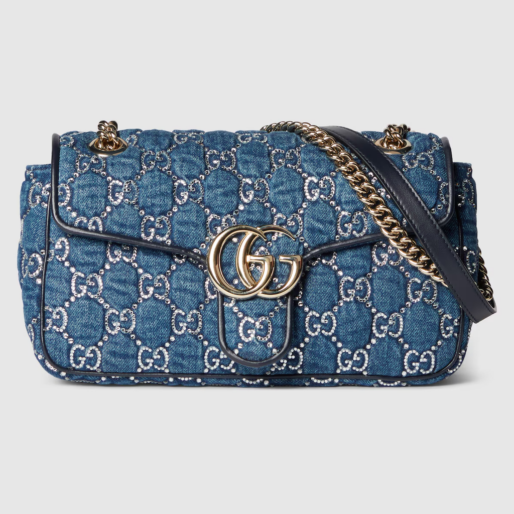 Gucci GG Marmont shoulder bag with crystals in blue GG denim