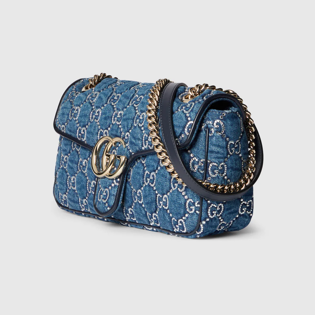Gucci GG Marmont shoulder bag with crystals in blue GG denim