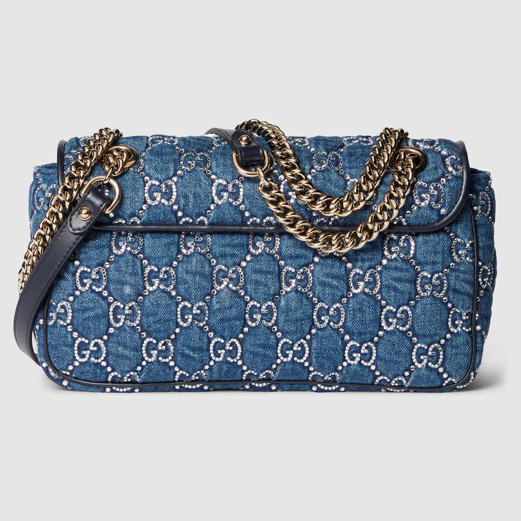Gucci GG Marmont shoulder bag with crystals in blue GG denim
