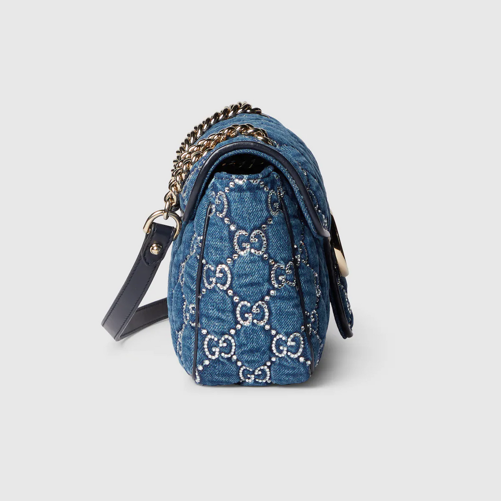 Gucci GG Marmont shoulder bag with crystals in blue GG denim