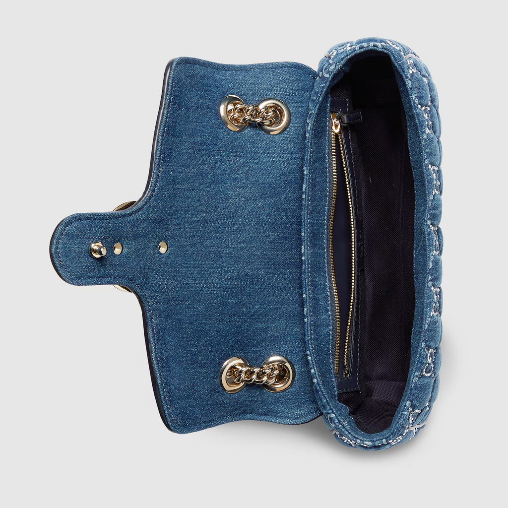 Gucci GG Marmont shoulder bag with crystals in blue GG denim