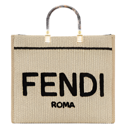 Fendi Women Sunshine Medium Beige Black Straw Shopper