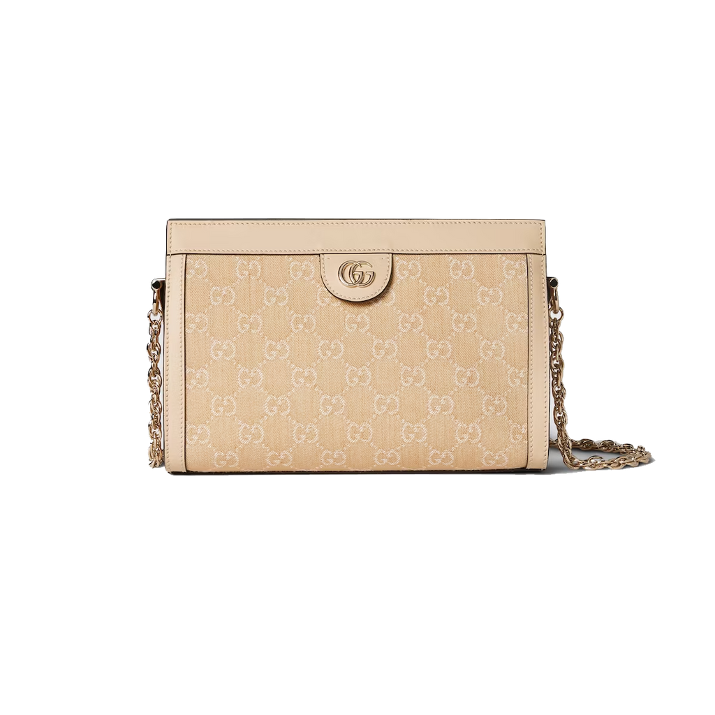 Ophidia GG small shoulder bag in light beige denim