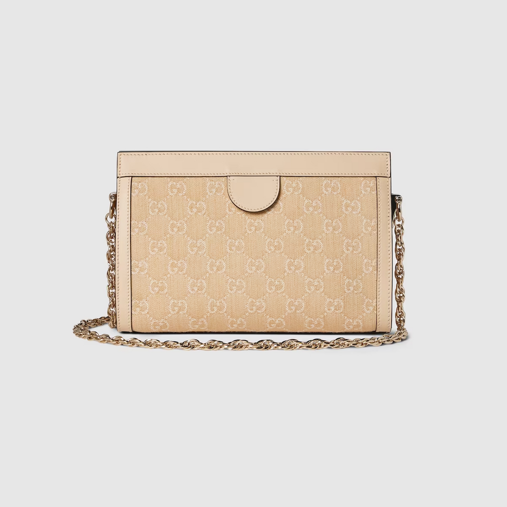 Ophidia GG small shoulder bag in light beige denim