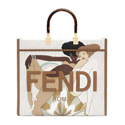 Fendi Women Sunshine Medium FF white Glazed Fabric Shopper with Inlay