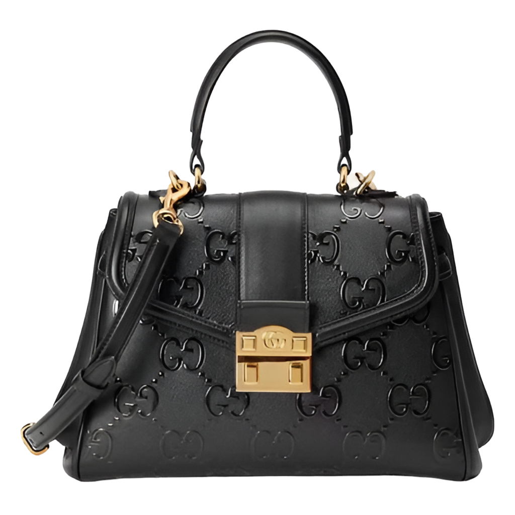 Gucci Women Small GG Top Handle Bag Black Debossed Leather Double G