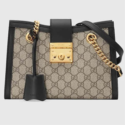 Gucci Women Padlock Small GG Shoulder Bag Beige Ebony GG Supreme Canvas Black Leather