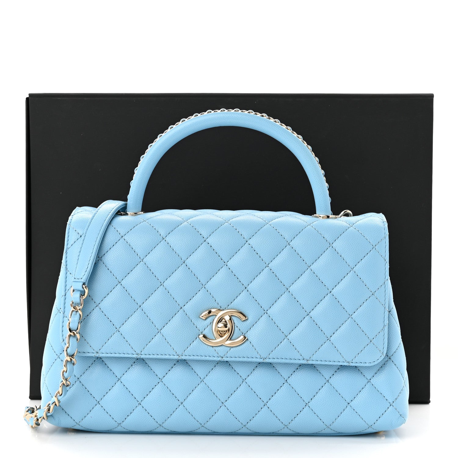 CHANEL CAVIAR QUILTED SMALL COCO CHAIN HANDLE FLAP LIGHT BLUE