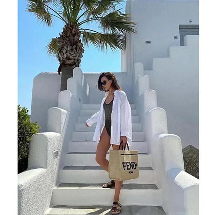 Fendi Women Sunshine Medium Beige Black Straw Shopper