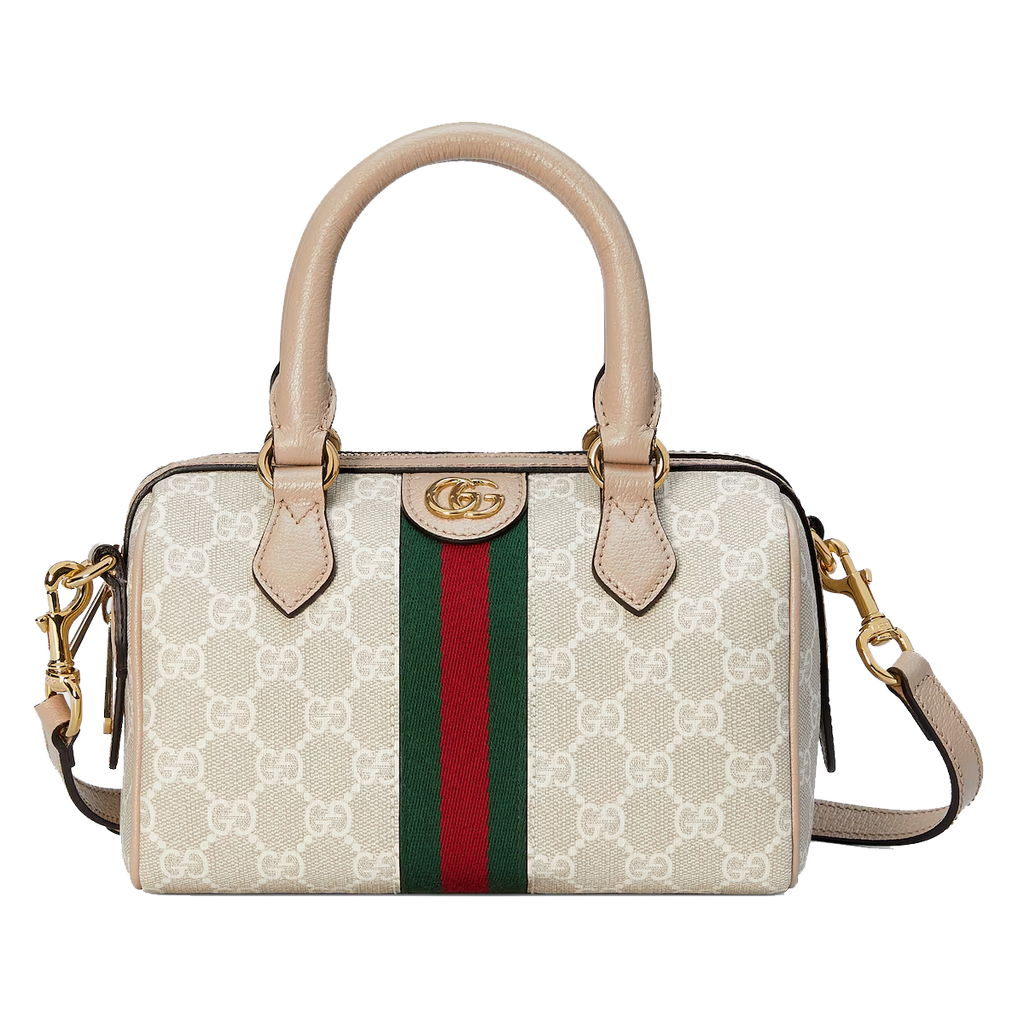 Ophidia GG mini top handle bag in beige and white canvas