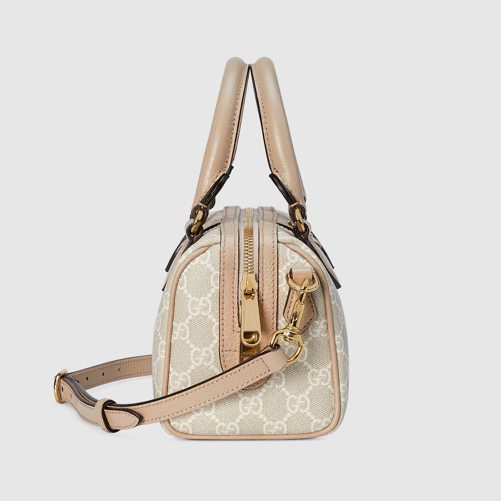 Ophidia GG mini top handle bag in beige and white canvas