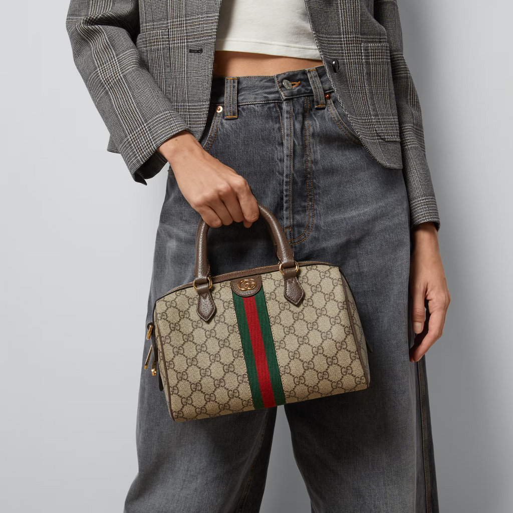 GUCCI Ophidia GG small top handle bag in beige and ebony canvas