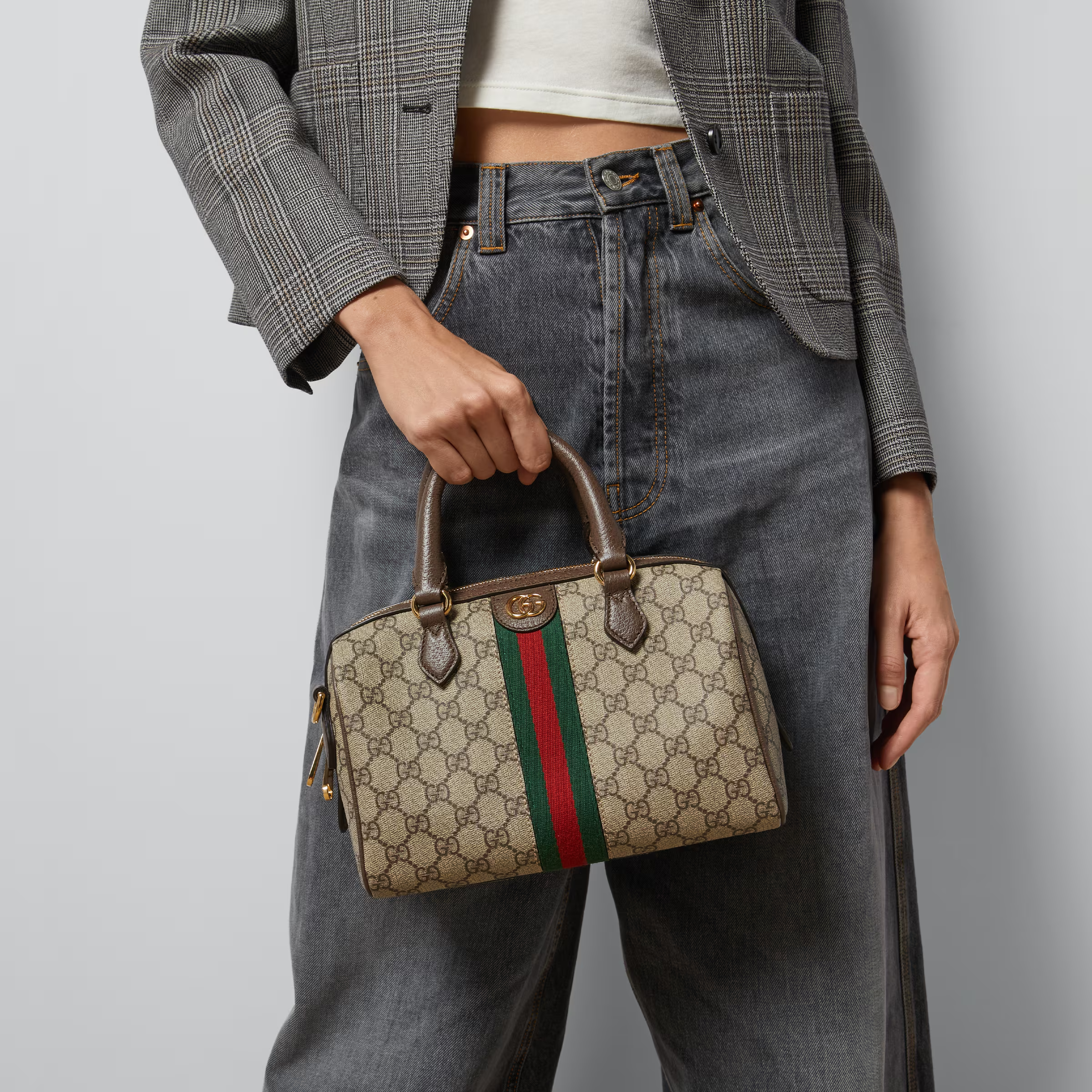GUCCI Ophidia GG small top handle bag in beige and ebony canvas
