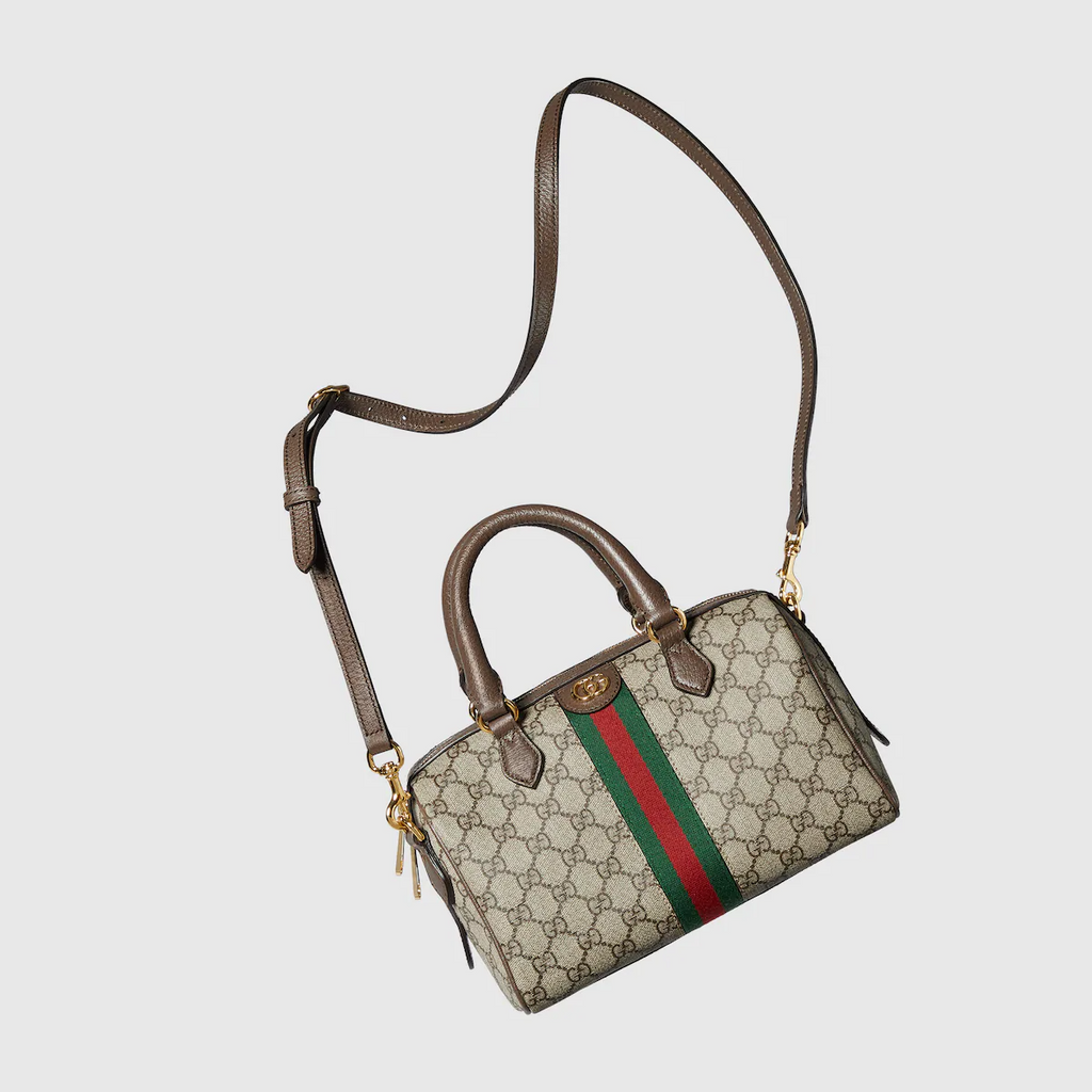 GUCCI Ophidia GG small top handle bag in beige and ebony canvas