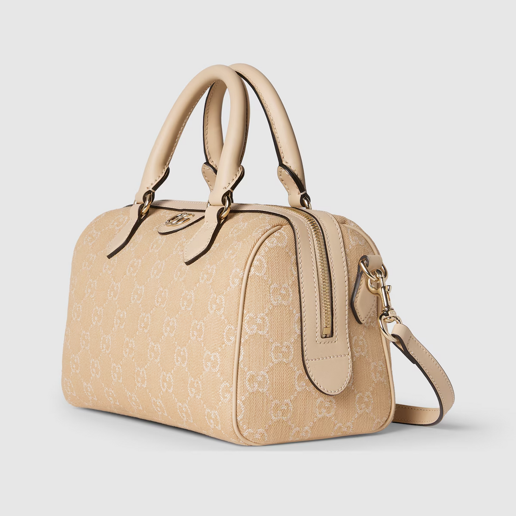 Ophidia GG small top handle bag in light beige denim