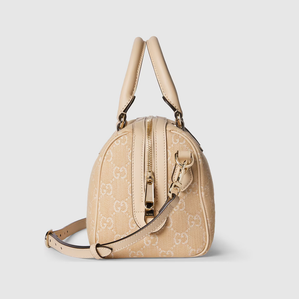 Ophidia GG small top handle bag in light beige denim