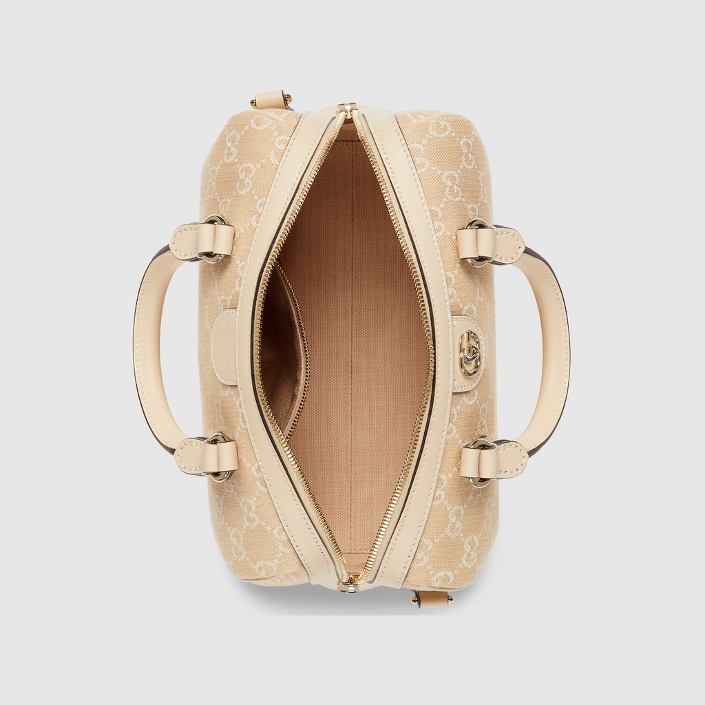 Ophidia GG small top handle bag in light beige denim