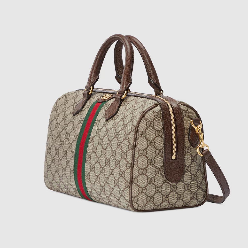 GUCCI Ophidia GG medium top handle bag in beige and ebony canvas