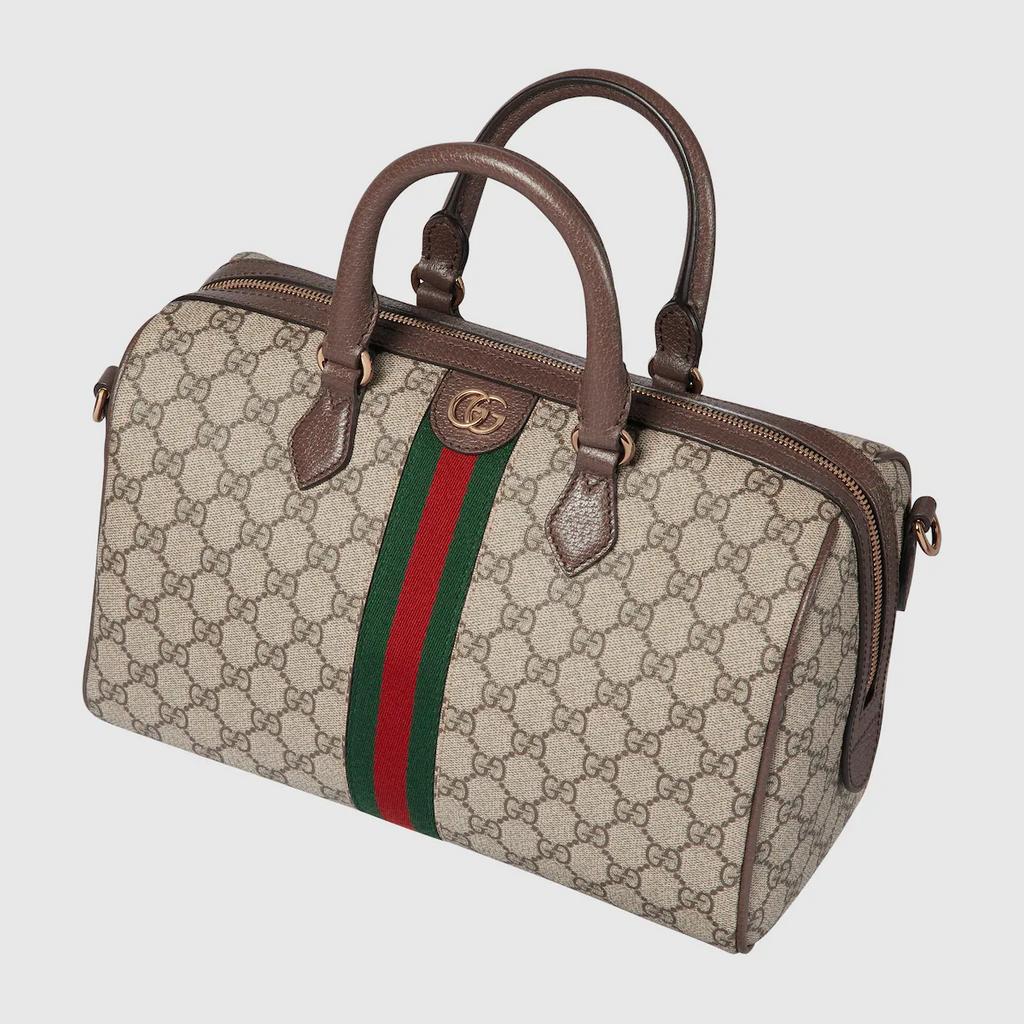 GUCCI Ophidia GG medium top handle bag in beige and ebony canvas